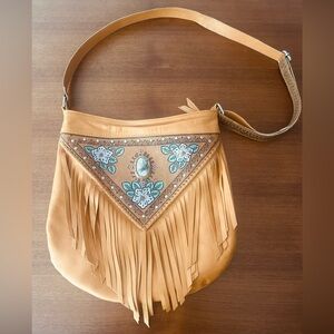 Mahiya Leather Tan Fringe Shoulder Bag with Floral Hand Tooling and Stone Inlay